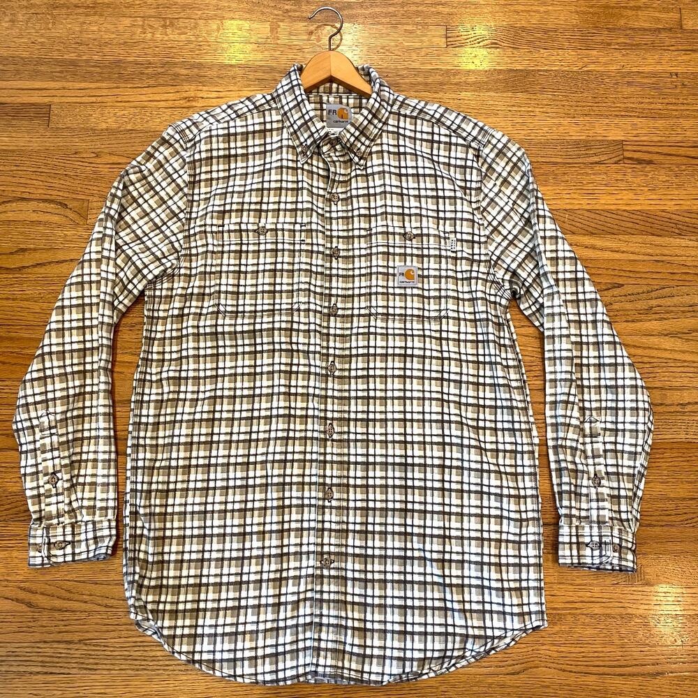 Carhartt Mens Sz M Flame Resistant FR Flannel Shirt Plaid Work Utility EUC